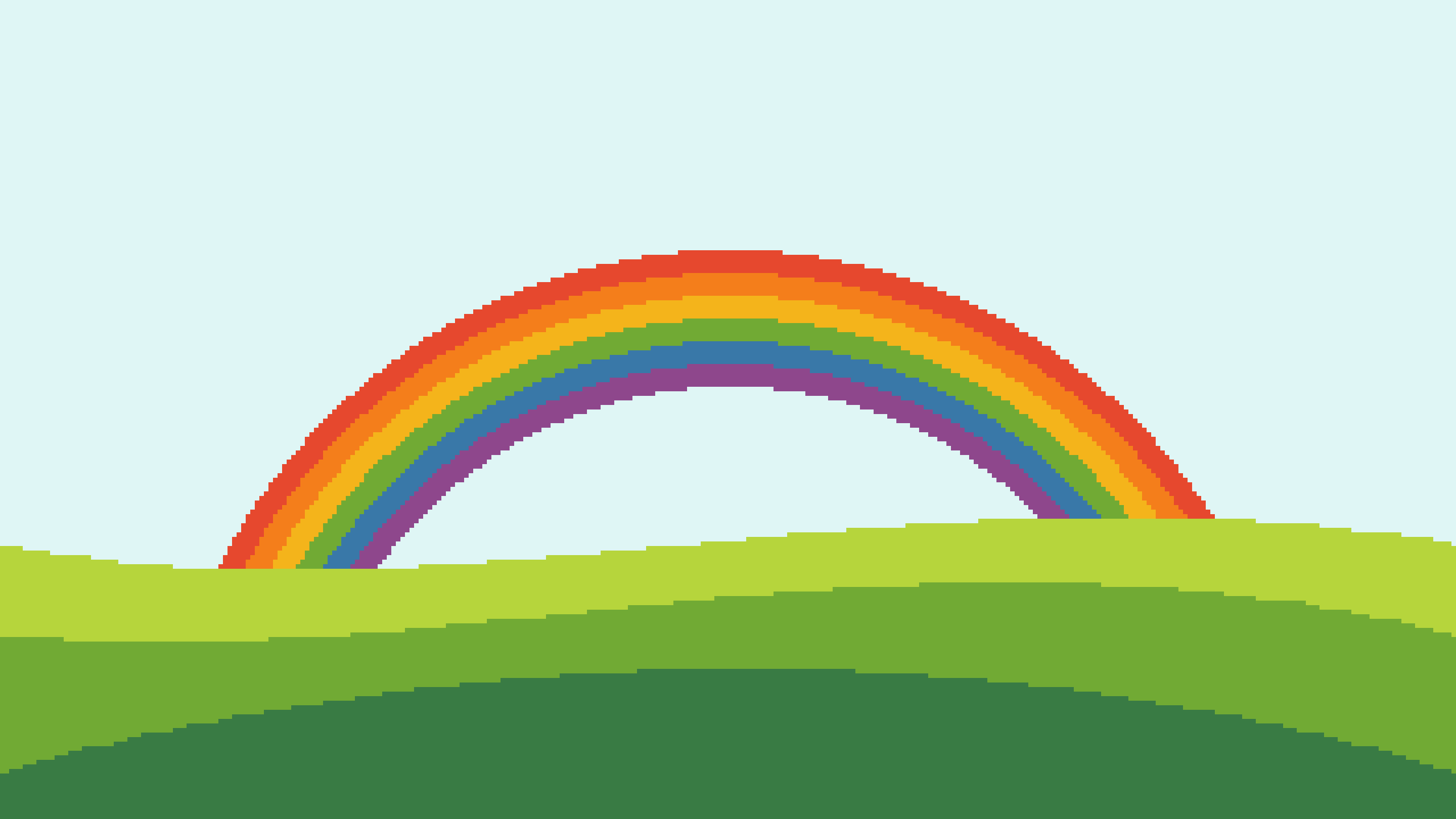 Ein gestreifter Regenbogen steigt hinter grünen Hügeln auf.