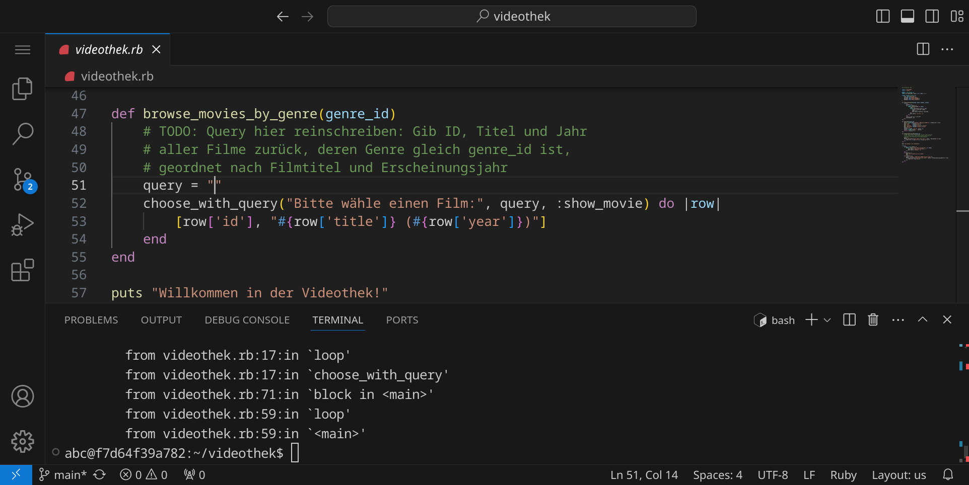 In der Methode browse_movies_by_genre ist die Datenbankabfrage in Zeile 51 noch leer.