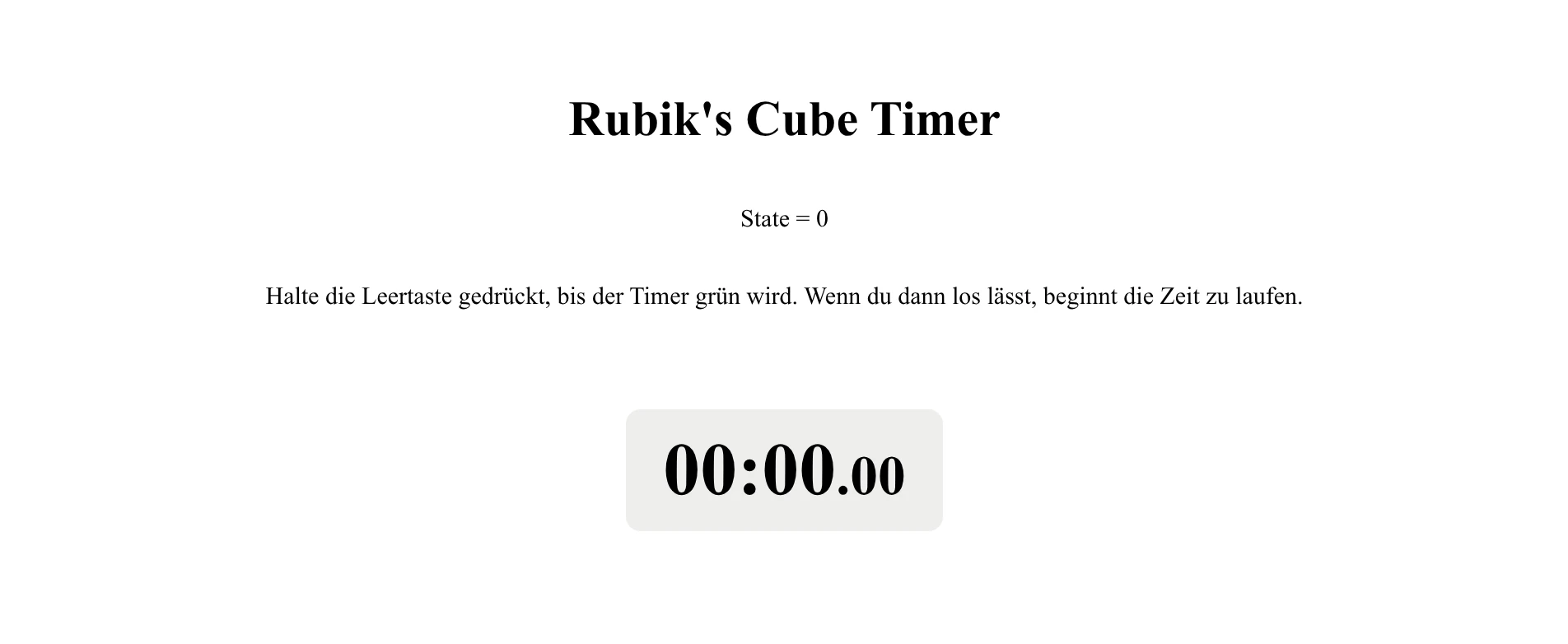 Der einfache Rubik’s Cube Timer steht bei 00:00.00 und wartet auf das Gedrückthalten der Leertaste.
