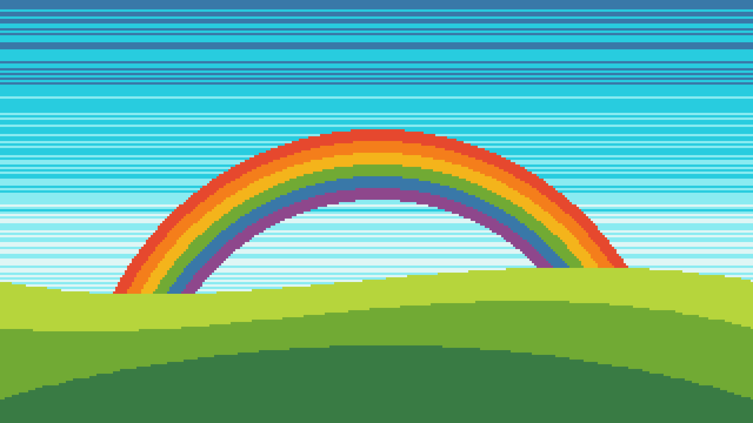 Fertige Pixelgrafik mit blau gestreiftem Himmel, Regenbogen und grünen Hügeln.