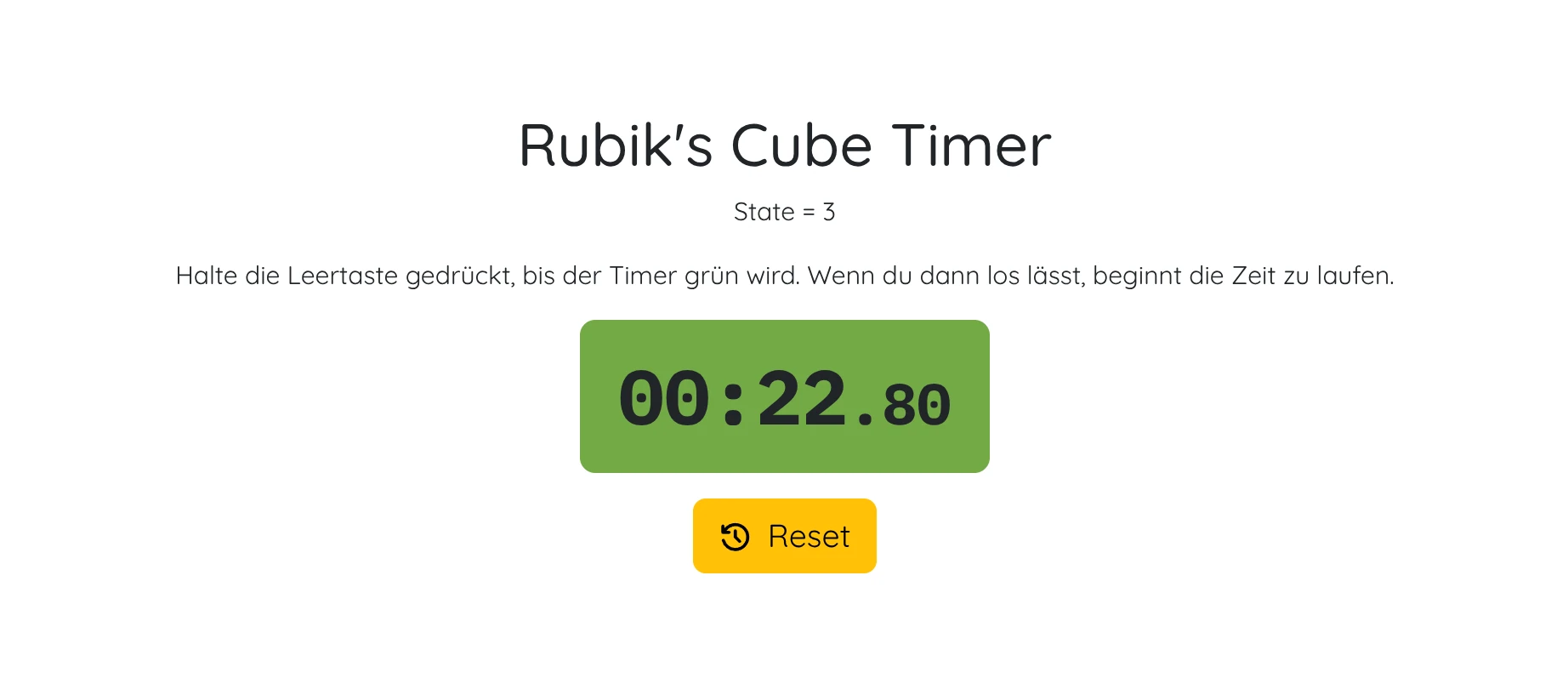 Der gestaltete Timer zeigt 00:22.80 und darunter einen Button zum Zurücksetzen.
