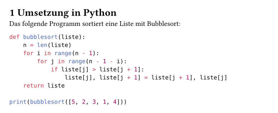 Der Abschnitt Umsetzung in Python mit farbig hervorgehobenem Python-Code.