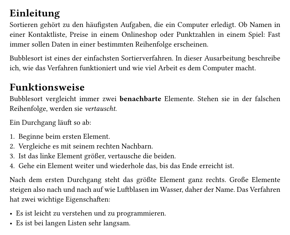 Die Abschnitte Einleitung und Funktionsweise mit fettem und kursivem Text, einer nummerierten Liste und einer Aufzählung.