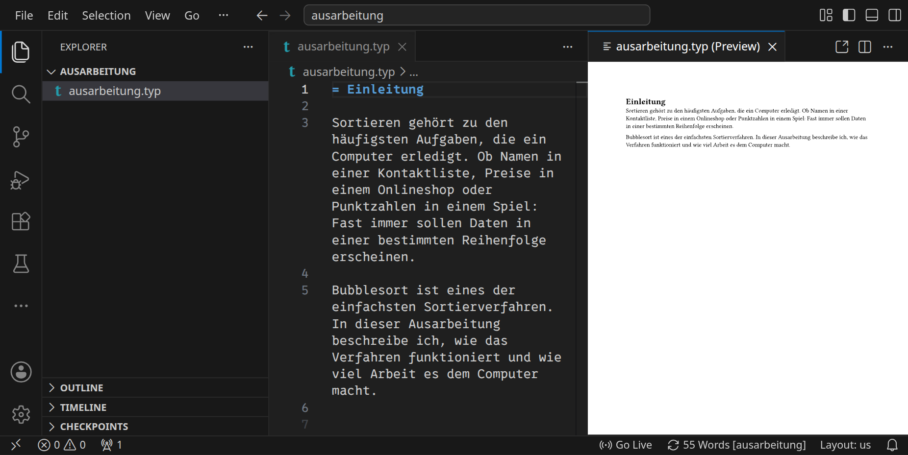 Links der Typst-Quelltext, rechts die Vor­schau des gesetzten Do­ku­ments.